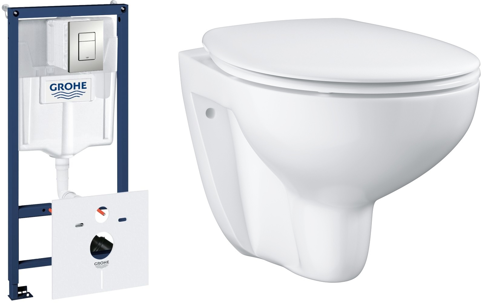 Set inbouwframe met spoelknop Grohe Rapid SL 39449000, toiletpot met softclose toiletbril Grohe Bau Ceramic 39351000