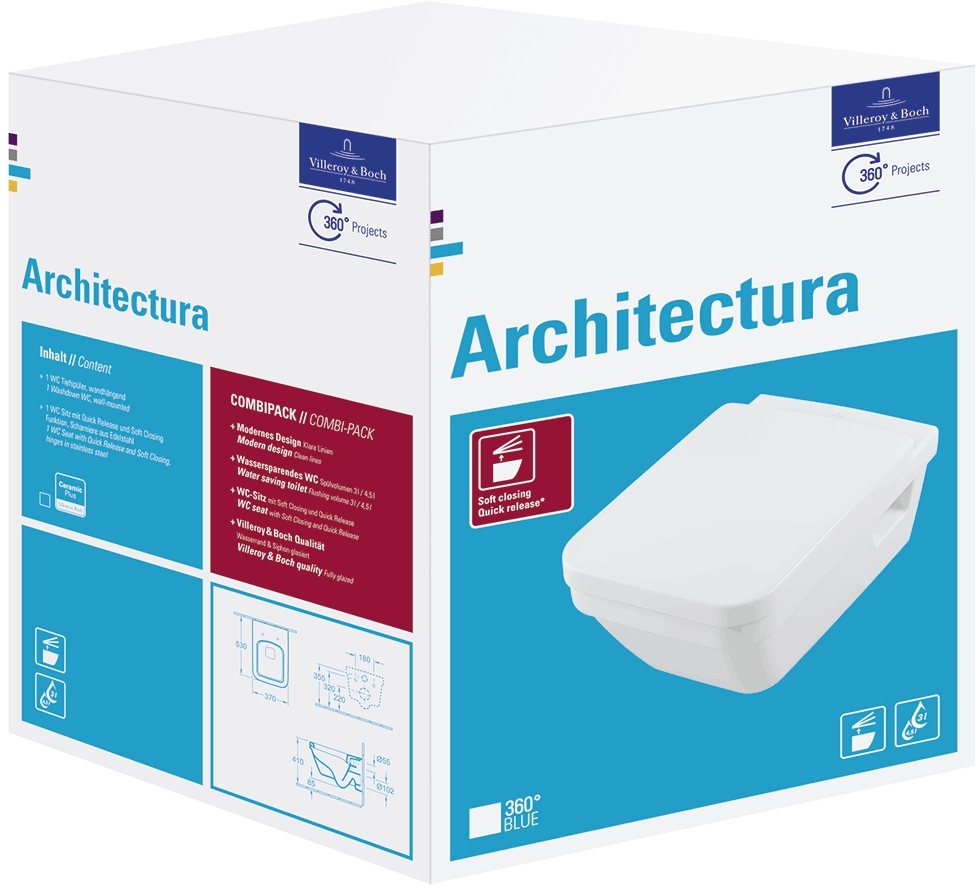 Villeroy & Boch Architectura combi-pack set met zitting hangend zonder kraag wit 5685HRR1