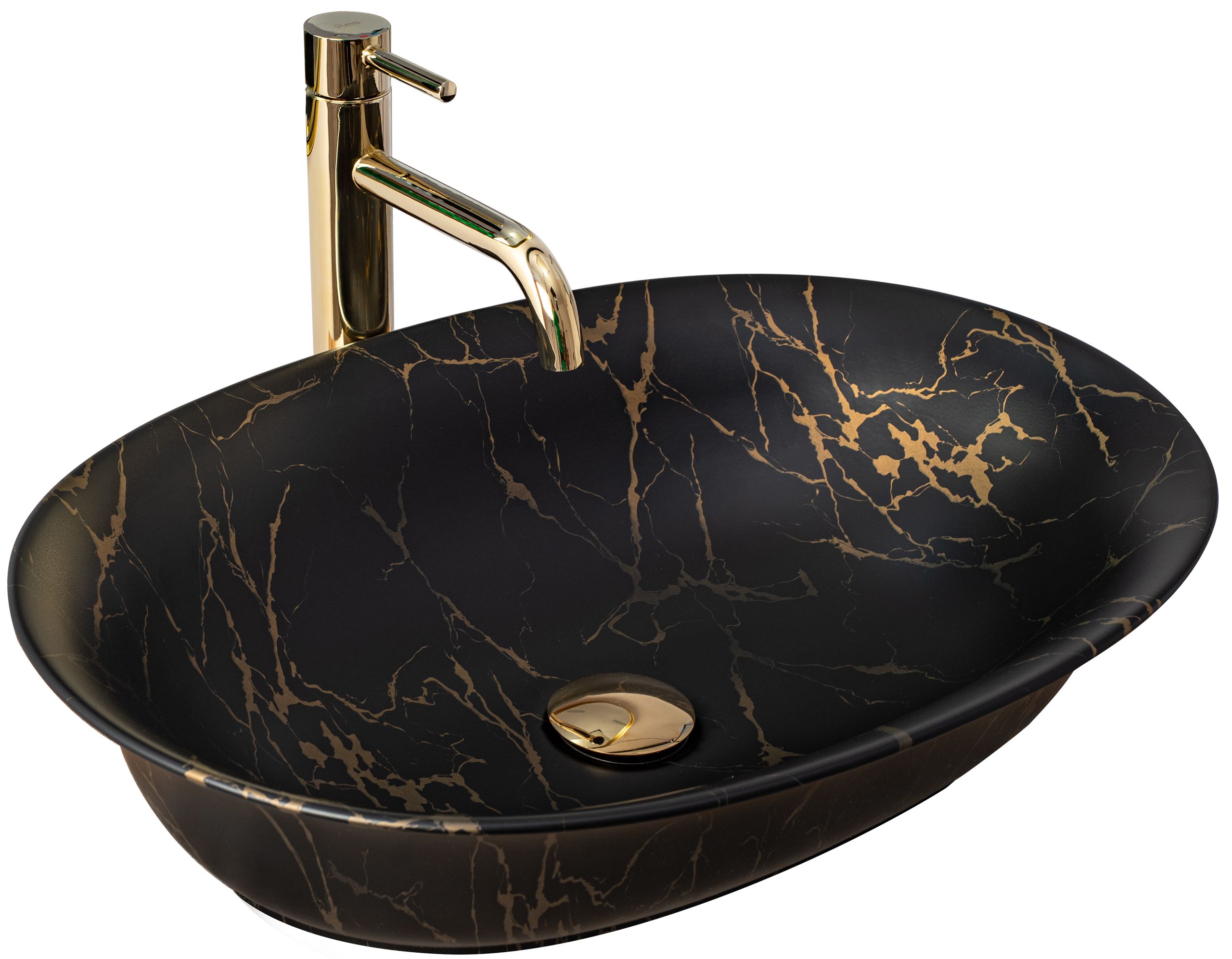 Rea Roma Marble wastafel 56x40 cm ovaal opbouw zwart-gouden mat REA-U5609