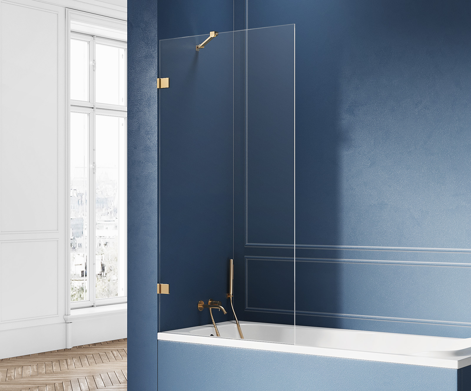 New Trendy Avexa Gold badscherm 80 cm uit één stuk gouden geborsteld/helder glas EXK-2007