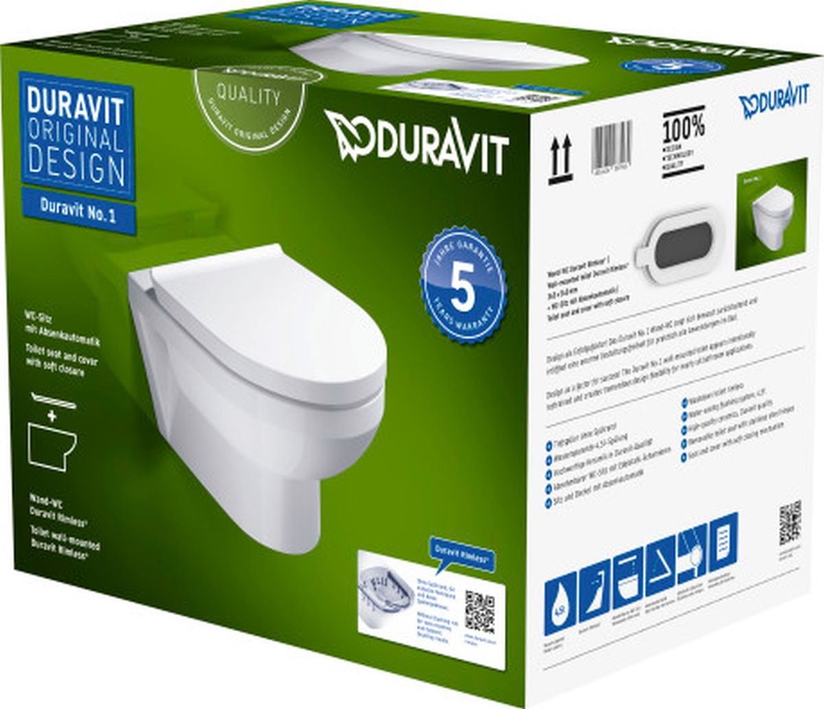 Duravit No. 1 toiletpot met softclose toiletbril hangend zonder kraag wit 45750900A1