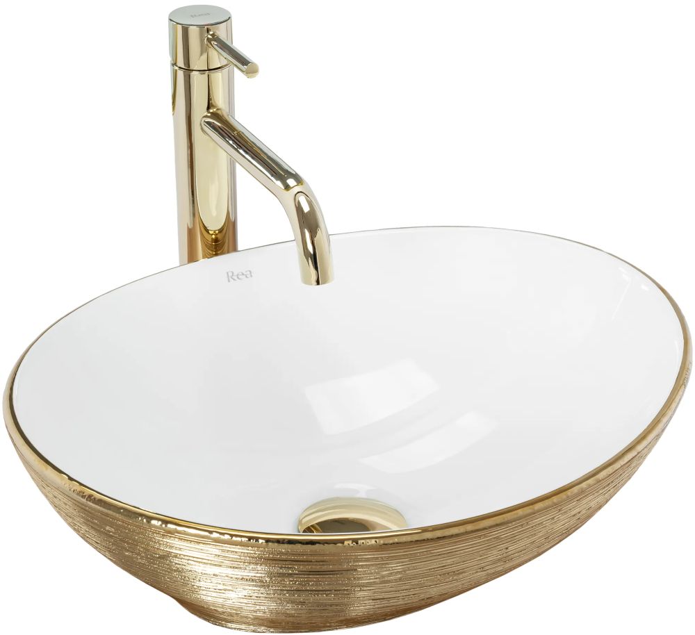 Rea Sofia wastafel 41x34.5 cm ovaal opbouw wit-gouden glans REA-U3697