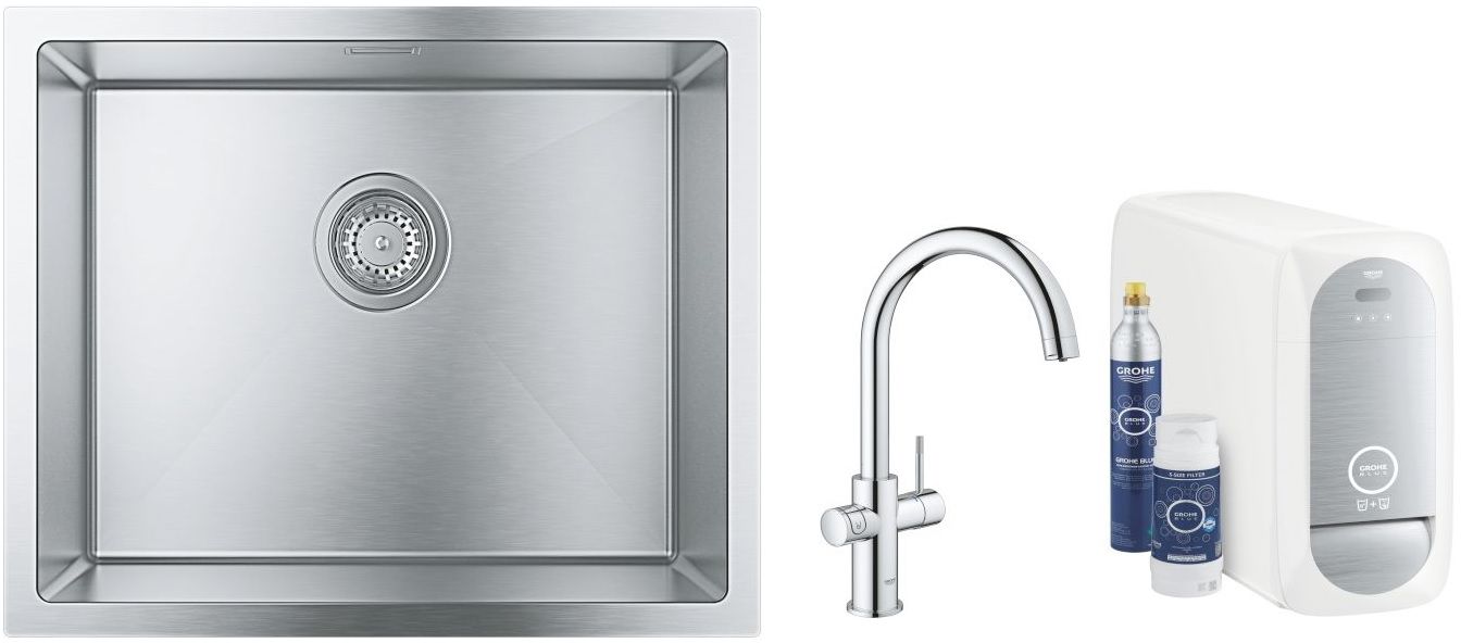 Set keukenkraan met filter Grohe Blue 31455001, stalen spoelbak Grohe K700 31726SD0