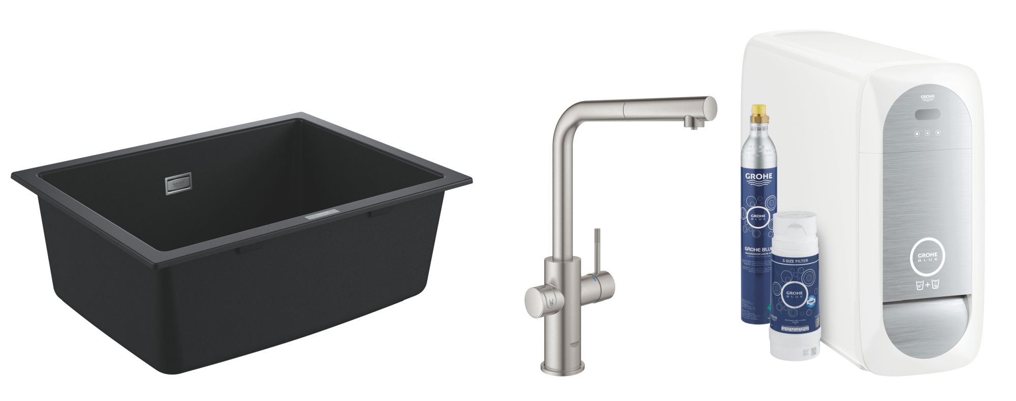 Set keukenkraan met filter Grohe Blue 31539DC0, spoelbak van graniet Grohe K700 31655AP0