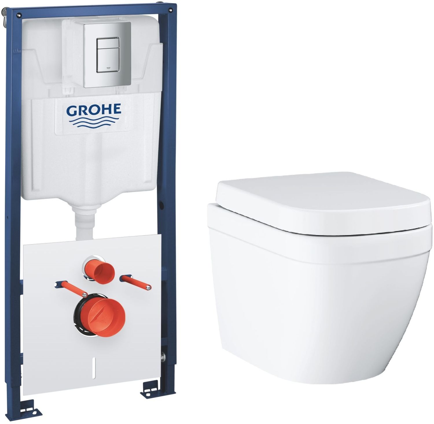 Set toiletpot met softclose toiletbril Grohe Euro Ceramic 39693000, inbouwframe met knop en afdichting Grohe Solido 39930000