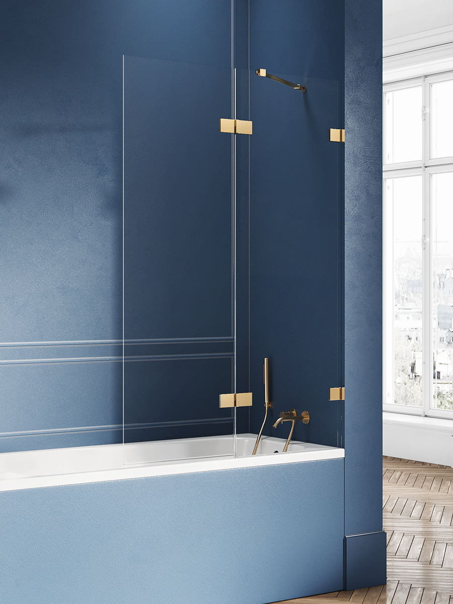 New Trendy Avexa Gold Brushed badscherm 100 cm tweedelig gouden geborsteld/helder glas EXK-2011