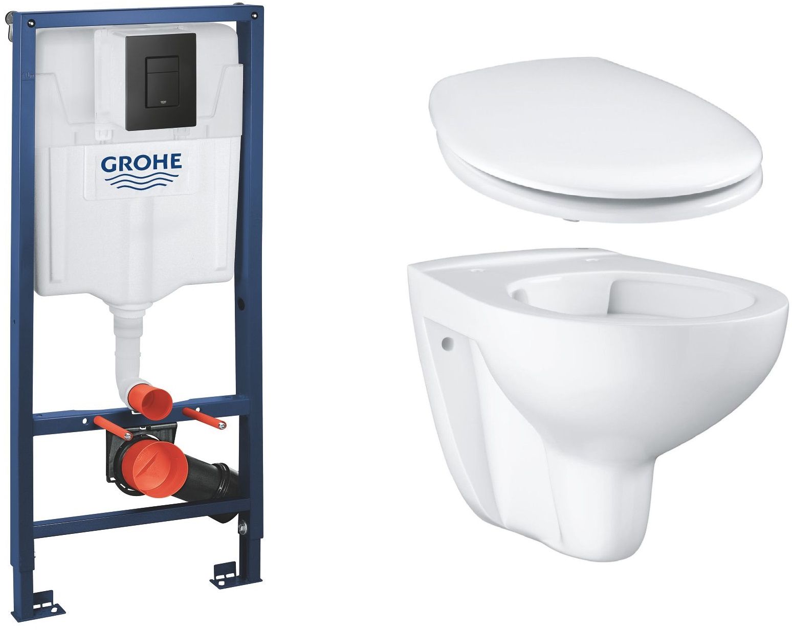 Set inbouwframe met spoelknop Grohe Solido 38811KF0, toiletpot Grohe Bau Ceramic 39427000, 39492000