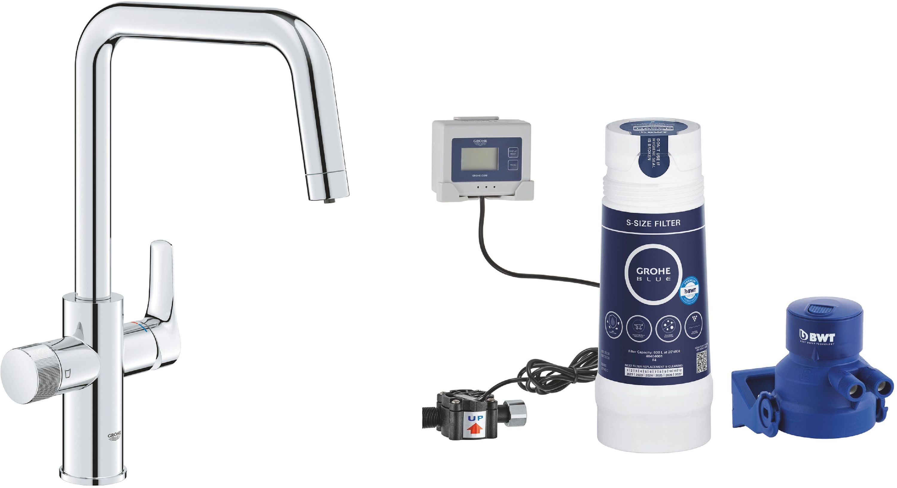 Set waterfilterkraan Grohe Blue 30595000, filter onder spoelbak Grohe Blue 40438001