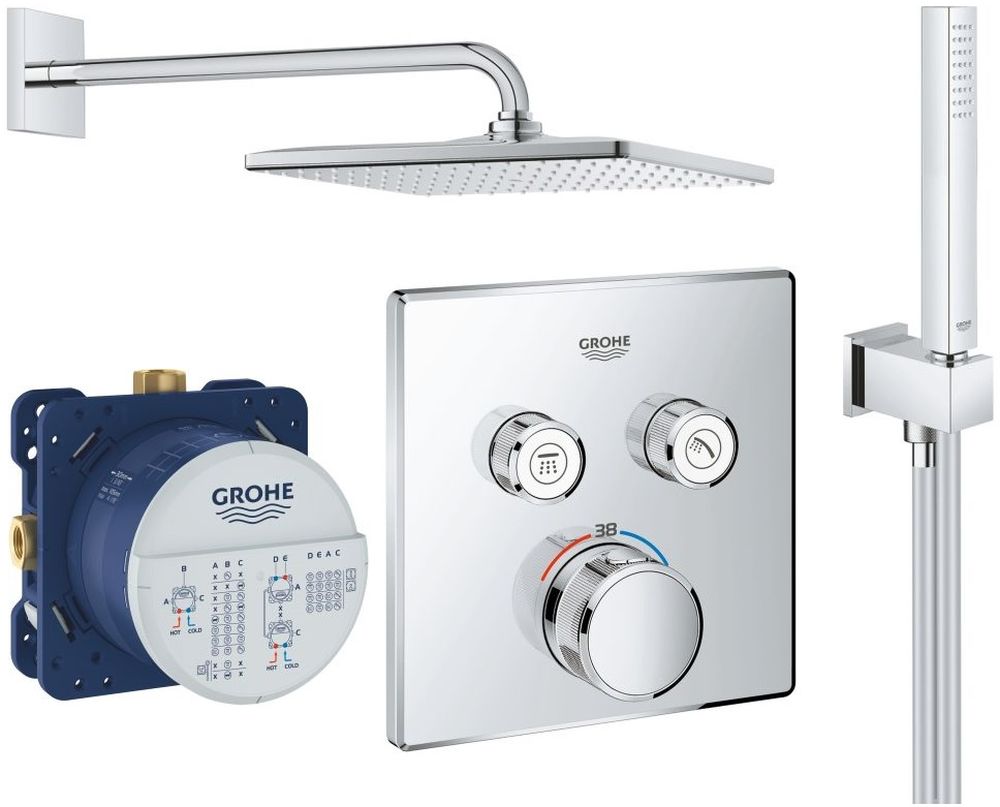 Set bad- en douchekraan Grohe Grohtherm SmartControl 29124000, regendouche met arm Grohe Rainshower 26564000, 26405000, 35600000