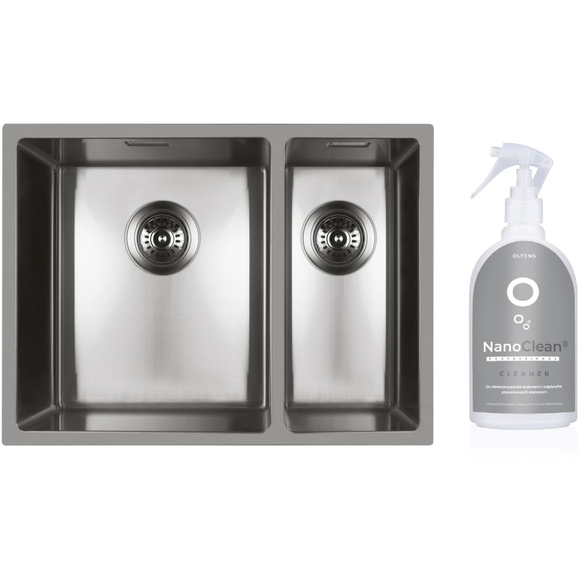 Set stalen spoelbak Oltens Stalvask 71200100, reinigingsmiddel voor stalen spoelbakken Oltens NanoClean 89600000