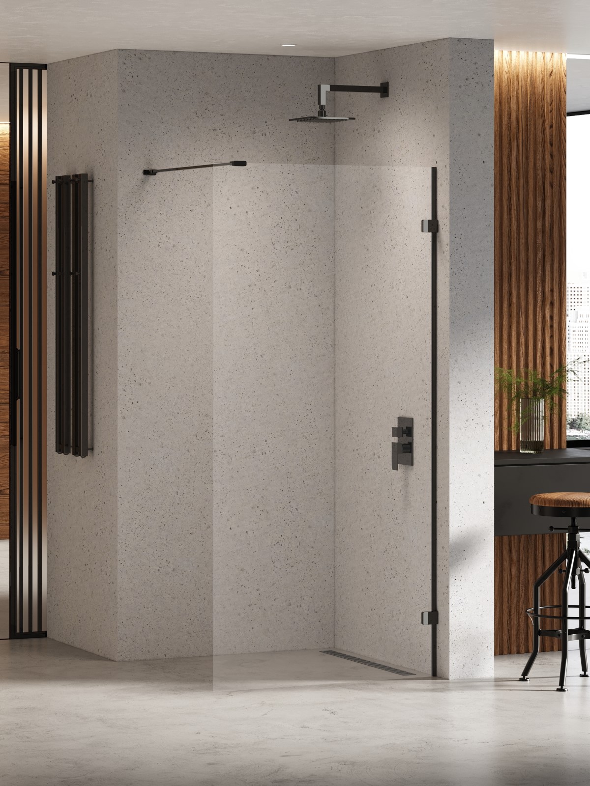 New Trendy Eventa Black Chrome inloopdouchewand 130 cm zwart glans/helder glas EXK-6301