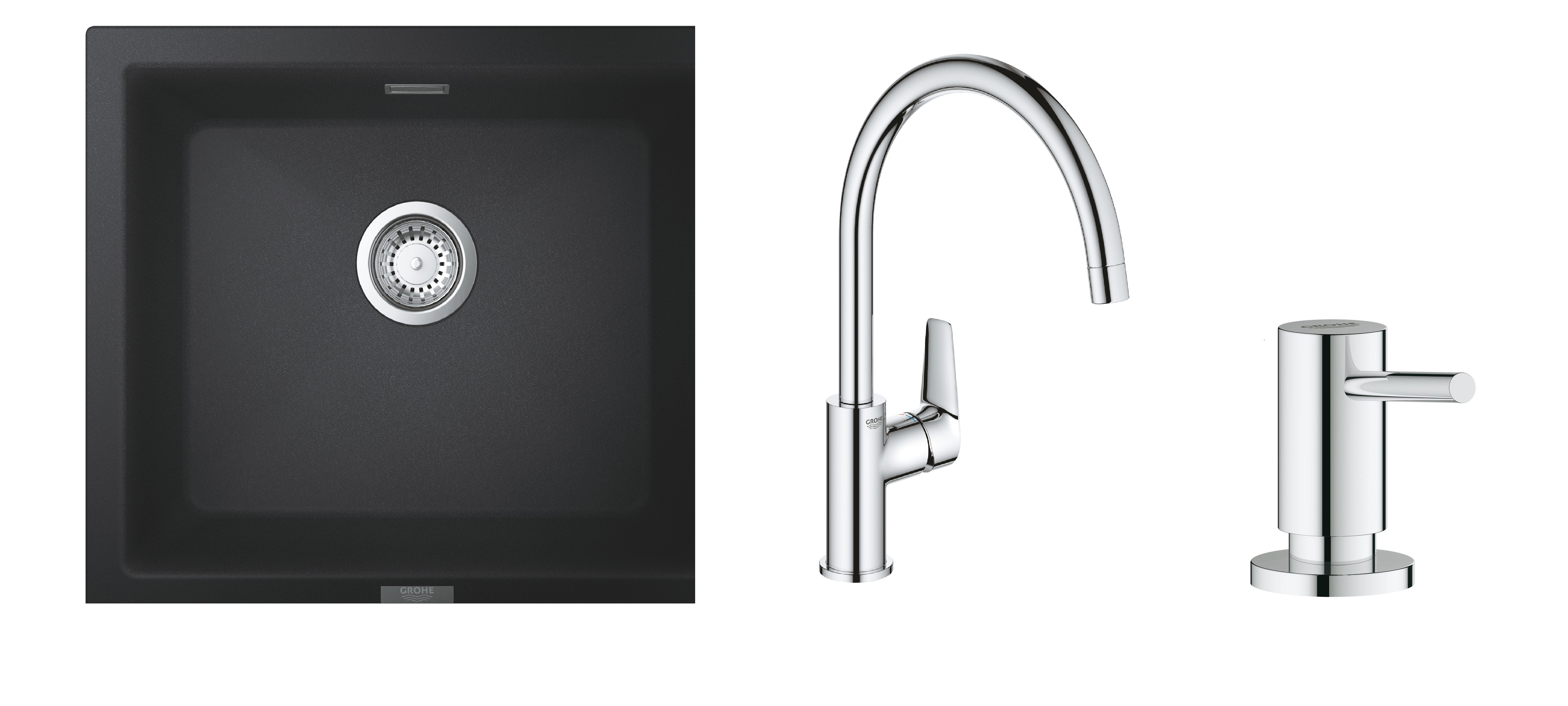 Set spoelbak van graniet Grohe K700 31654AP0, keukenkraan Grohe BauEdge 31367001, 40535000
