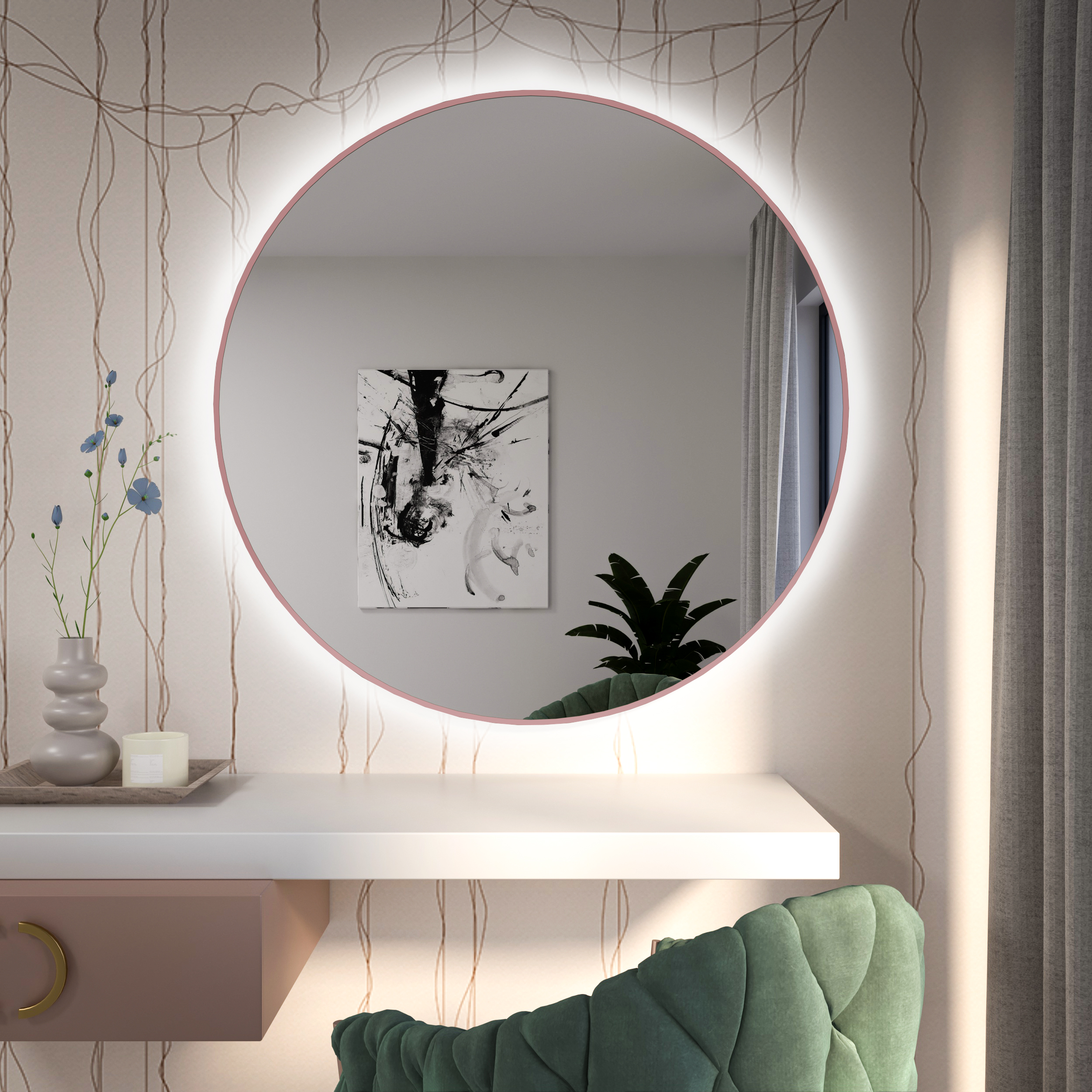 Baltica Design Tiny Border Bright spiegel 90x90 cm rond met verlichting roze 5904107930664