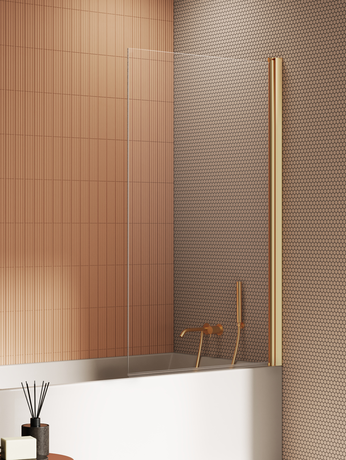 New Trendy New Soleo Gold Brushed badscherm 90 cm uit één stuk gouden geborsteld/helder glas P-0172