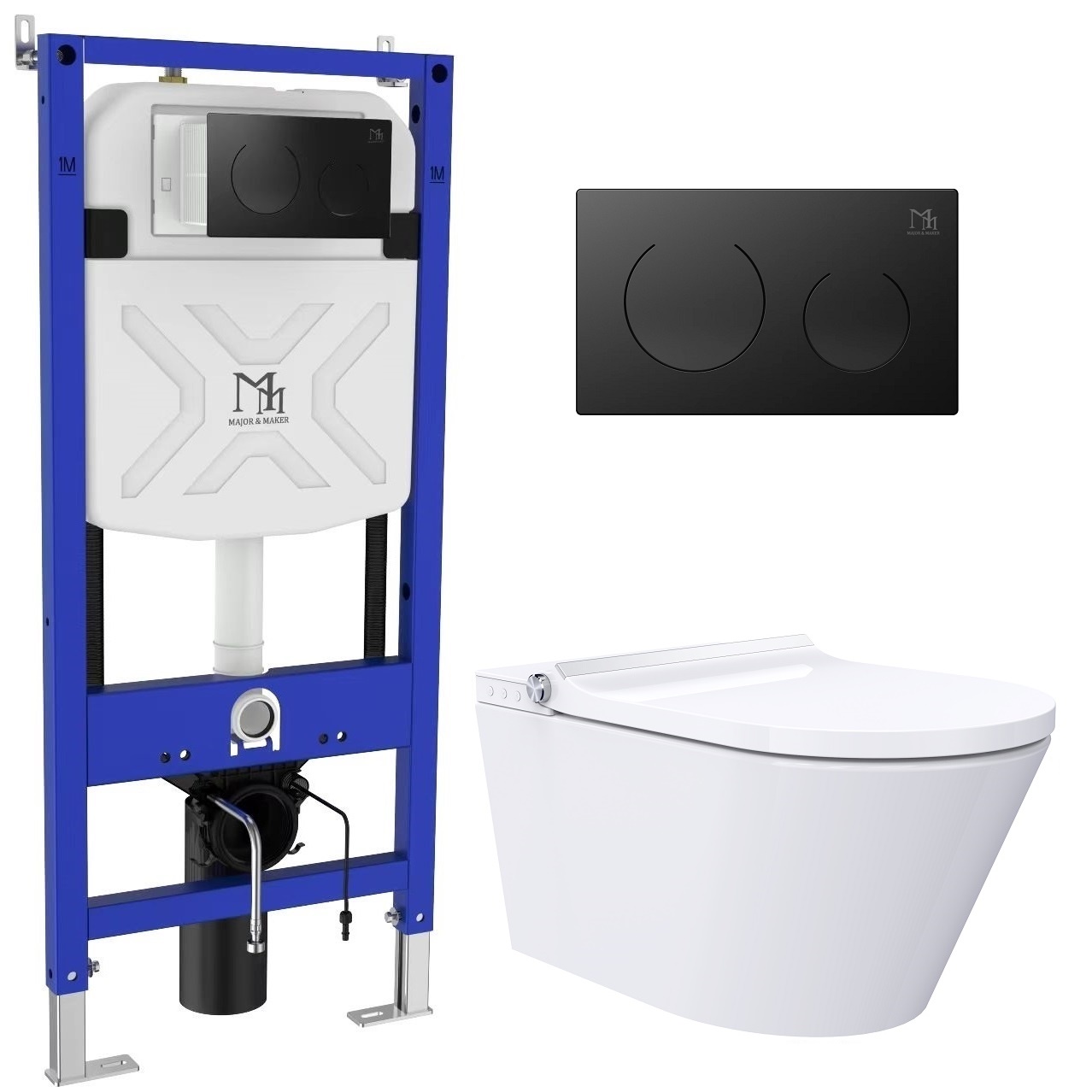 Major&Maker Classic + Coral Black douche-wc met frame en drukknop hangend zonder kraag wit 4050FWS200302B