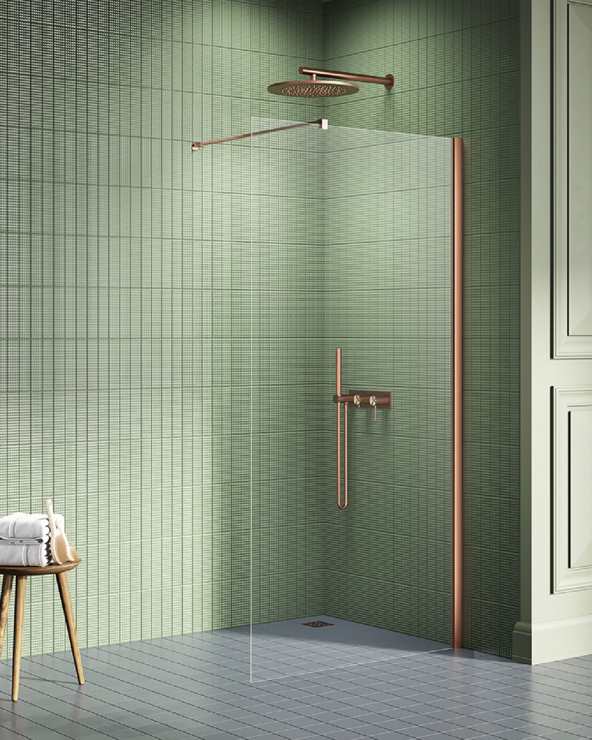 New Trendy New Soleo Copper Brushed inloopdouchewand 110 cm koper geborsteld/helder glas K-2105-WP