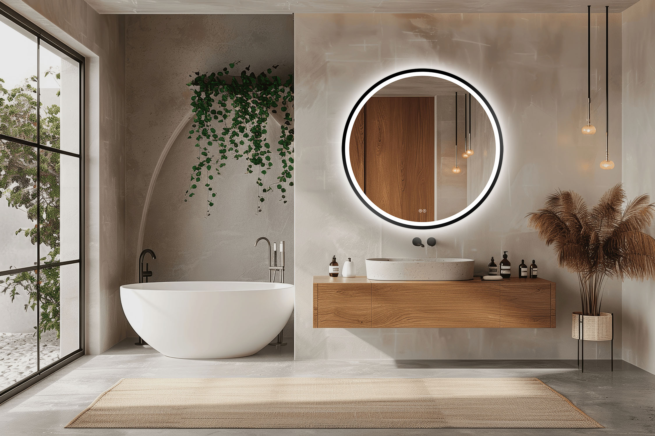 Venti Orion Black spiegel 80x80 cm rond met verlichting met verwarmingsmat zwart 5905951180298