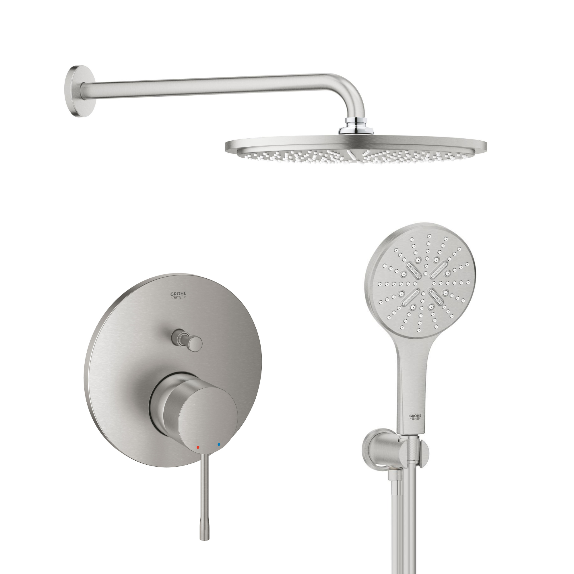 Set regendouche Grohe Rainshower 26066DC0, bad- en douchekraan Grohe Essence 24058DC1, 26574DC0, 26658DC0, 28362DC1