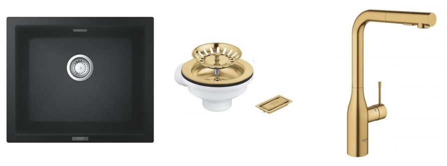 Set keukenkraan Grohe Essence 30270GN0, spoelbak van graniet Grohe K700 31654AP0, 40997GN0