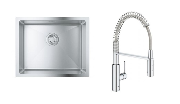 Set keukenkraan Grohe Get 30361000, stalen spoelbak Grohe K700 31574SD1