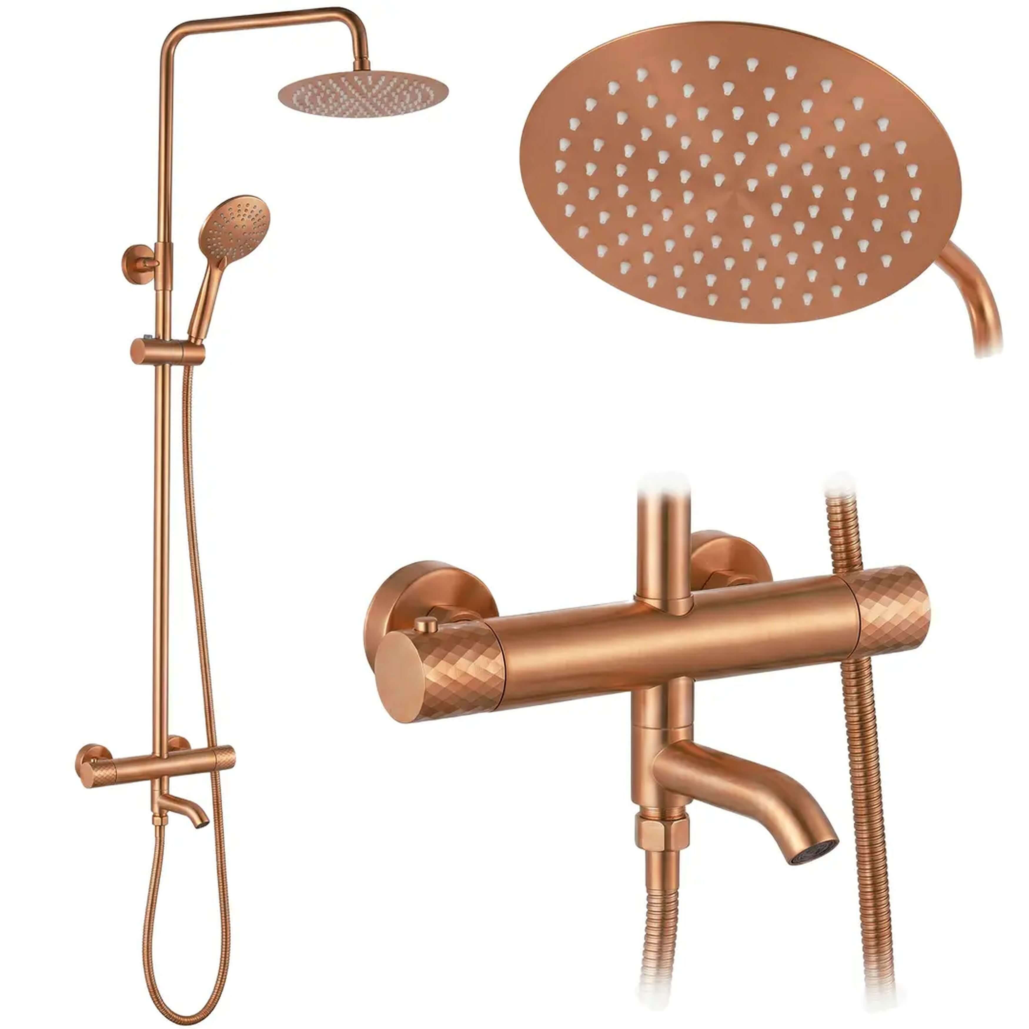 Rea Lungo bad- en doucheset wand met thermostaat met regendouche koper REA-P5964