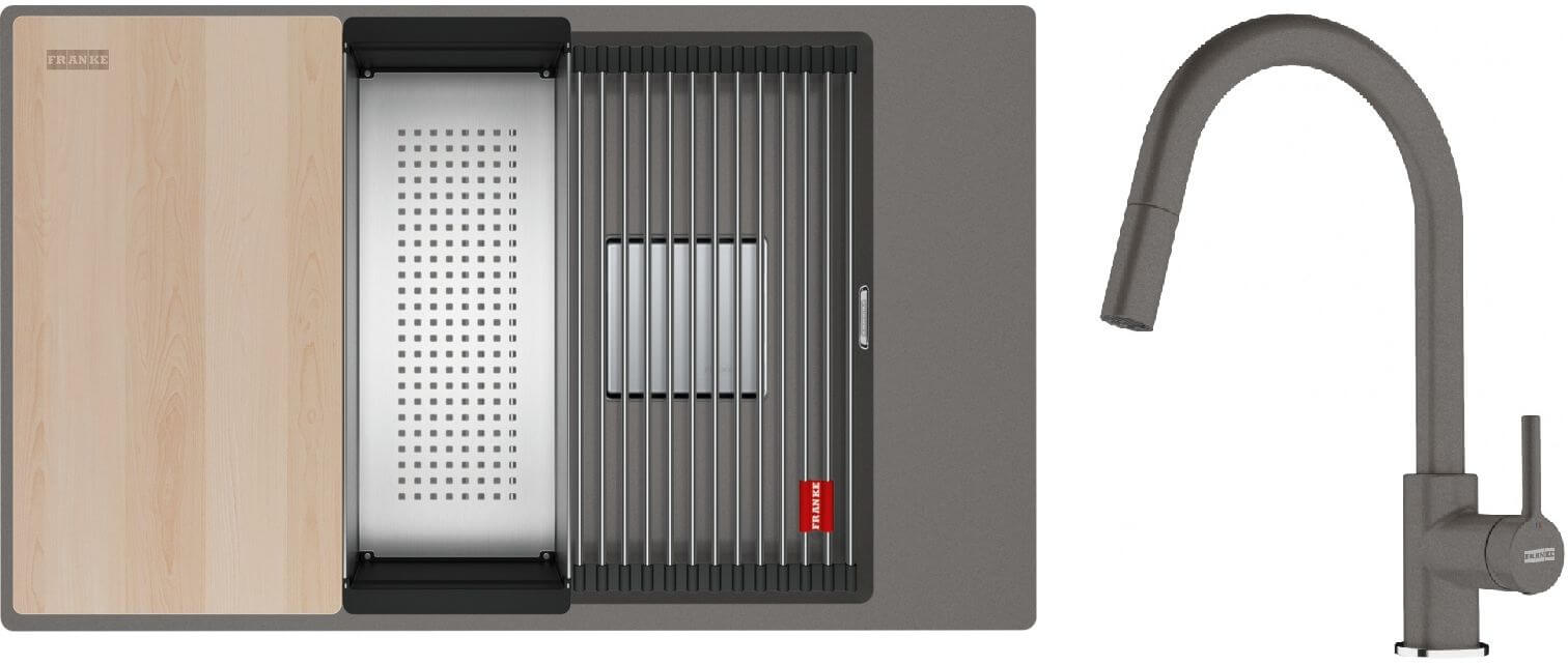 Set spoelbak van graniet Franke Kanon 125.0749.668, keukenkraan Franke Lina 115.0626.057