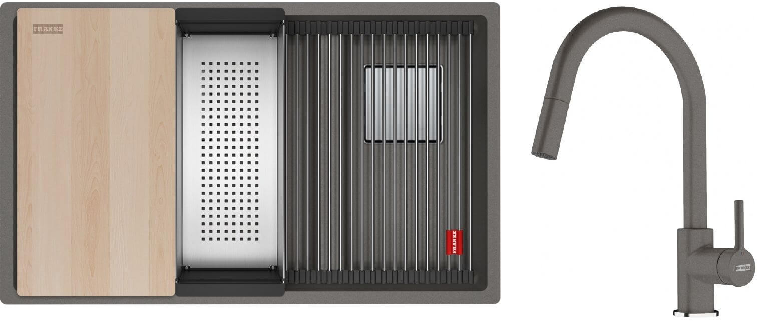 Set spoelbak van graniet Franke Kanon 125.0749.678, keukenkraan Franke Lina 115.0626.057