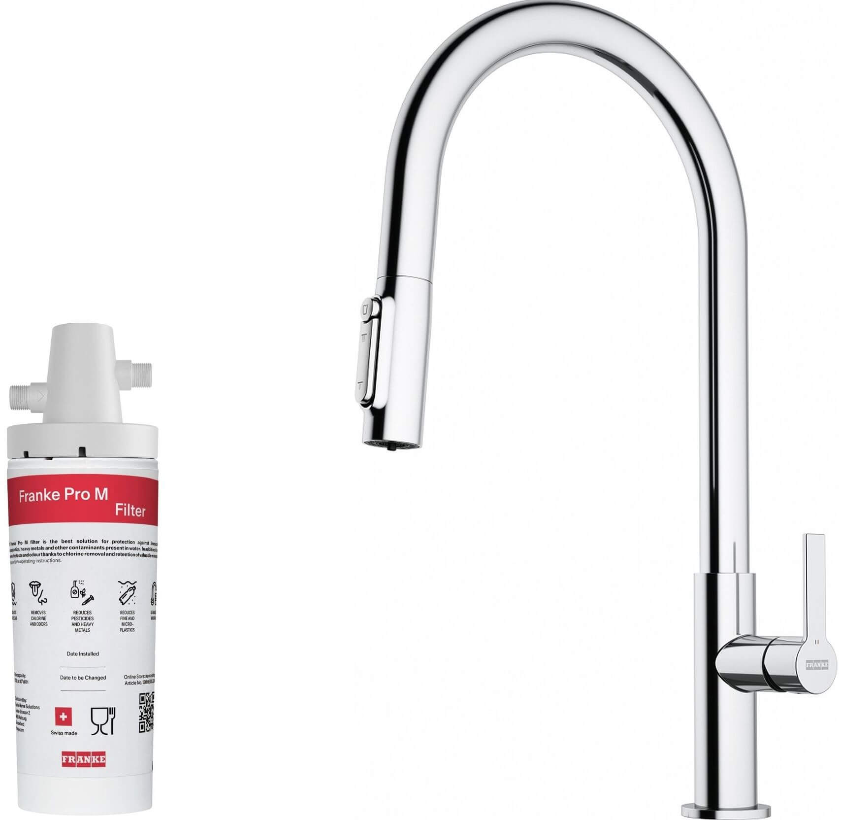 Set keukenkraan Franke Maris Slim Clear Water J Pull-Out 120.0730.870, filter onder spoelbak Franke Pro M Connect 150.0752.886