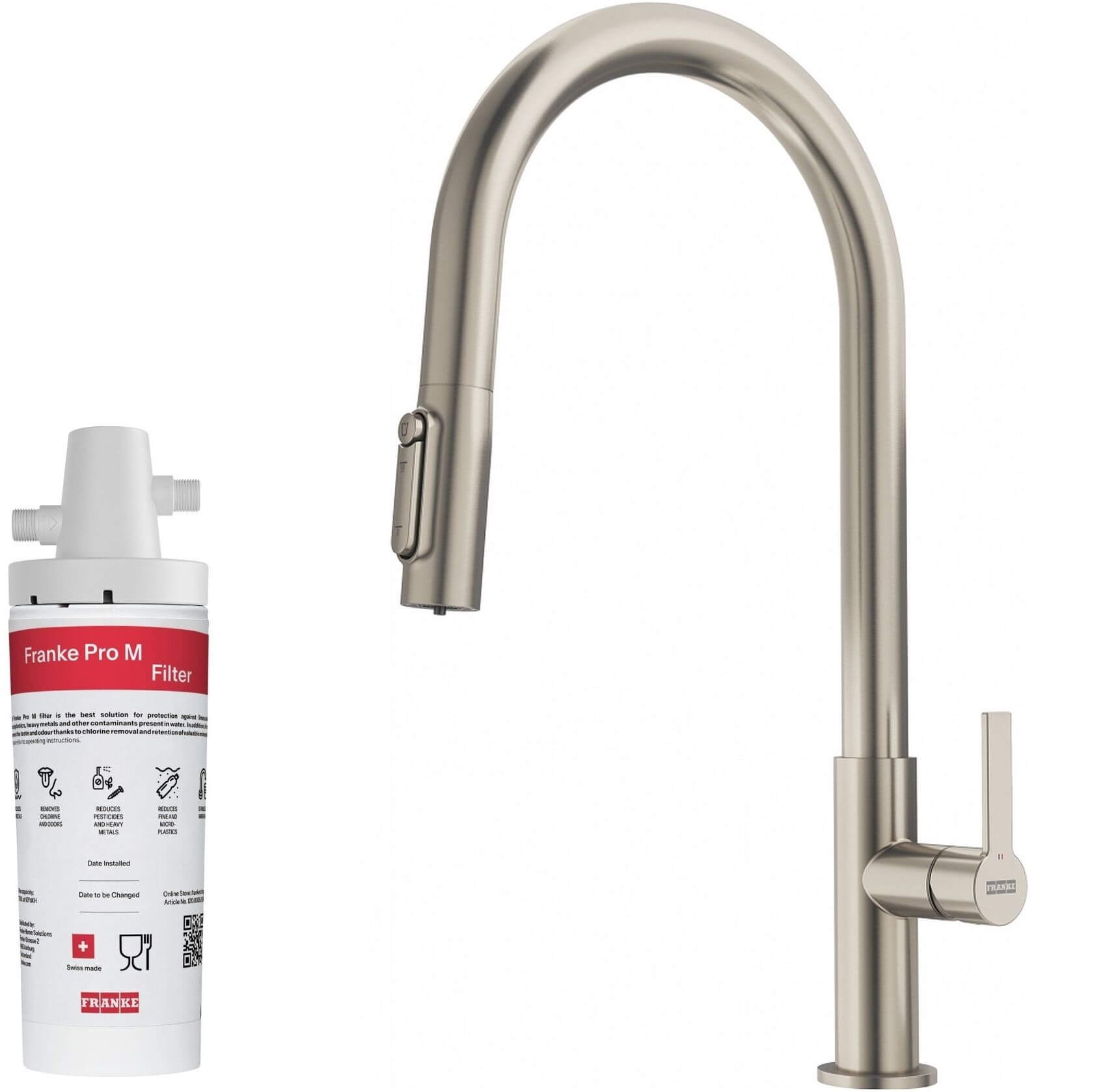 Set keukenkraan Franke Maris Slim Clear Water J Pull-Out 120.0736.604, filter onder spoelbak Franke Pro M Connect 150.0752.886