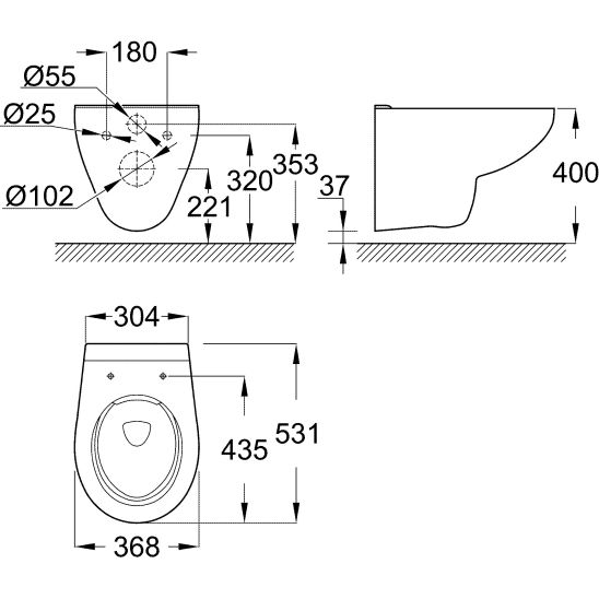 Set inbouwframe met spoelknop Grohe Solido 38811KF0, toiletpot Grohe Bau Ceramic 39427000, 39492000