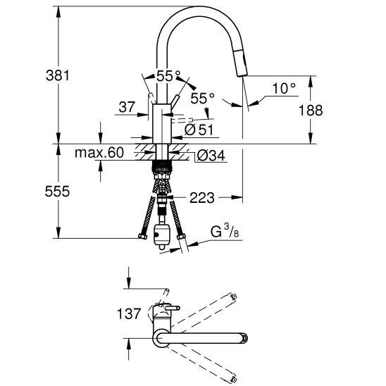 Set keukenkraan Grohe Concetto 31483DC2, spoelbak van graniet Grohe K700 31653AP0, 40535DC0
