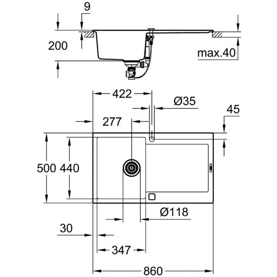 Set spoelbak van graniet Grohe K500 31644AP0, keukenkraan Grohe Start 30531DC1